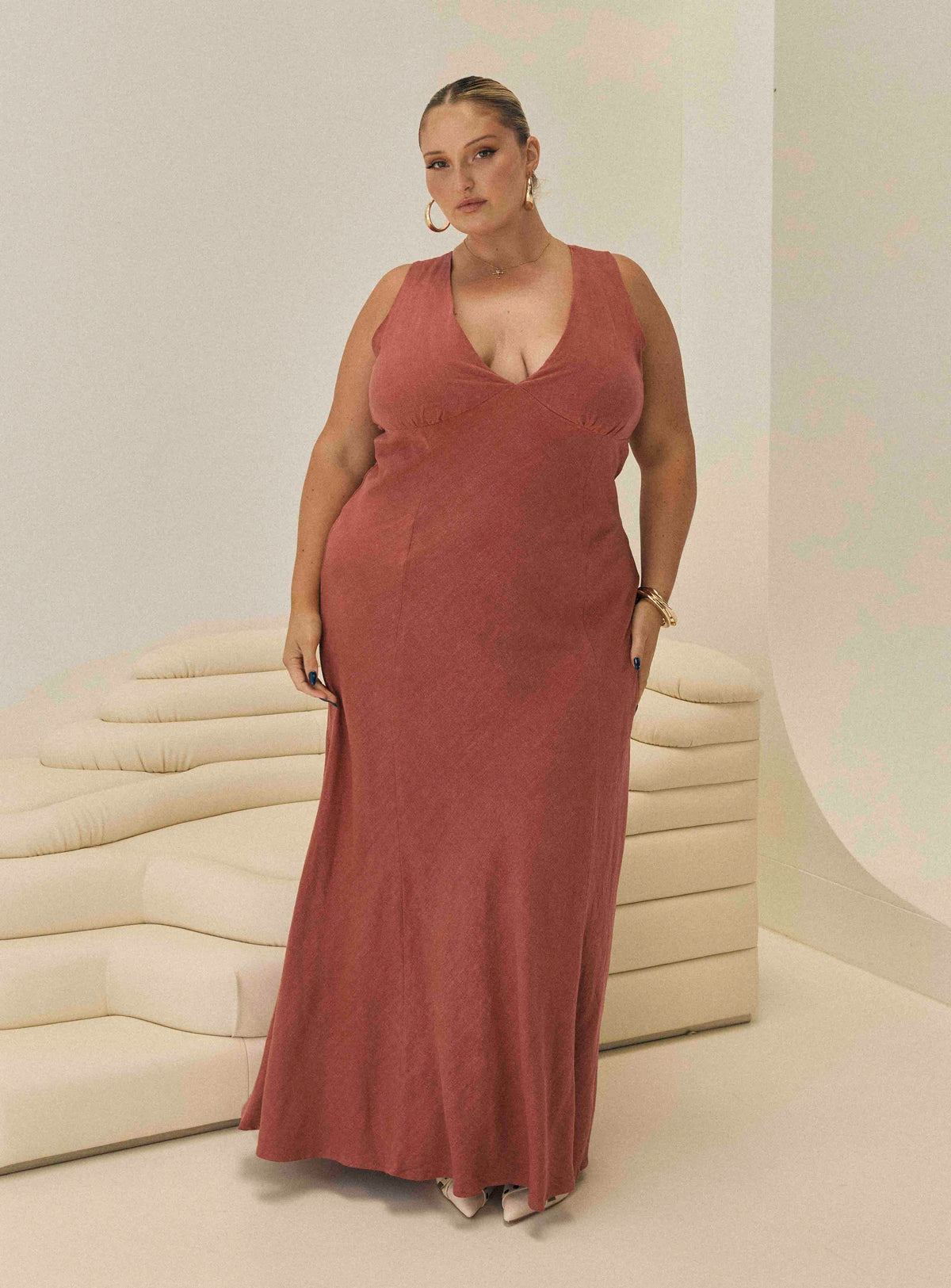 Verde Linen Blend Maxi Dress Burnt Rust Curve