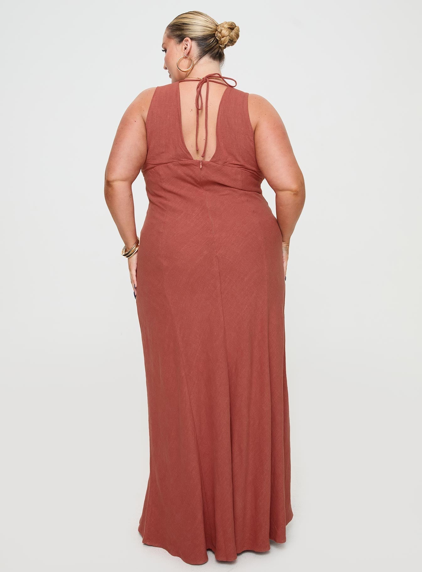Verde Linen Blend Maxi Dress Burnt Rust Curve