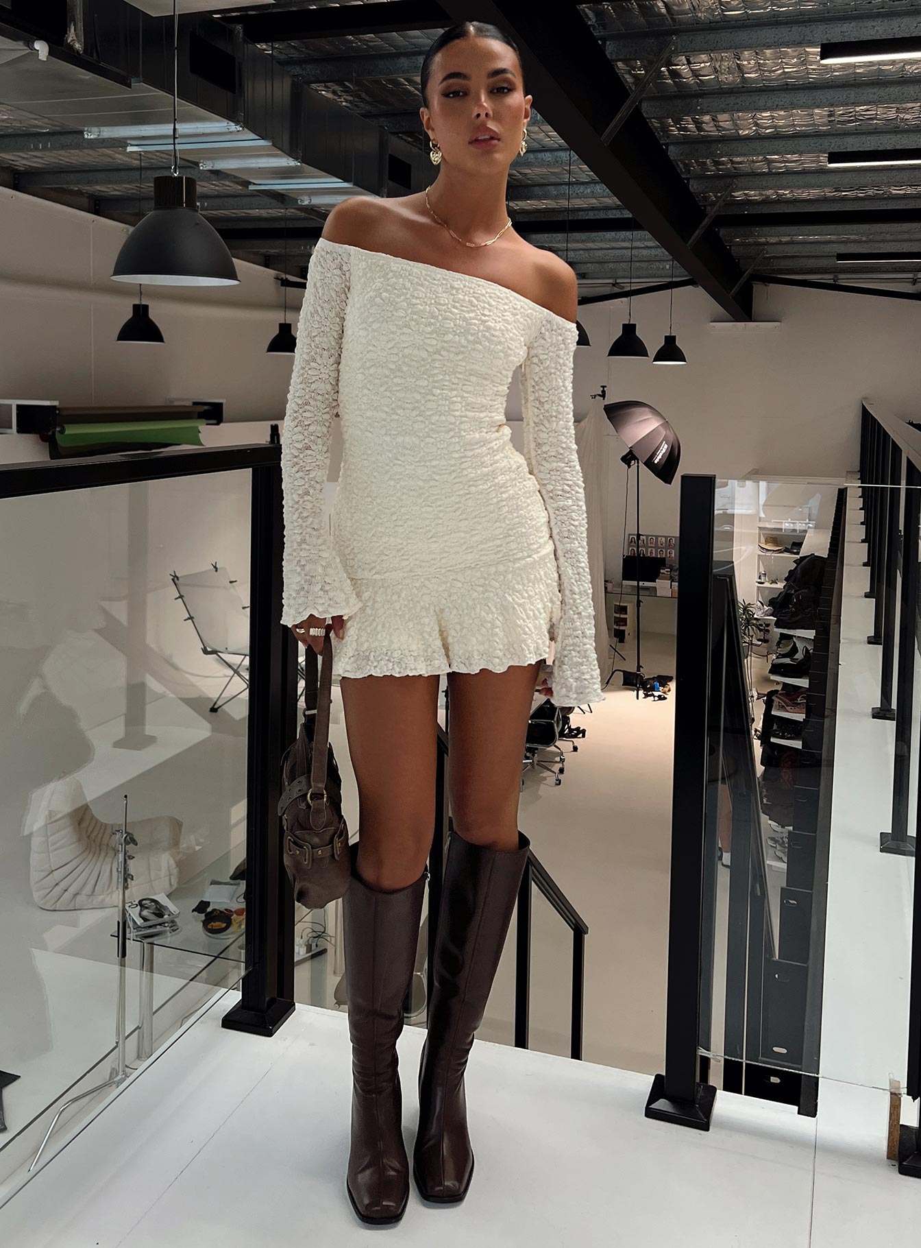 Vancesca Long Sleeve Mini Dress Cream Petite